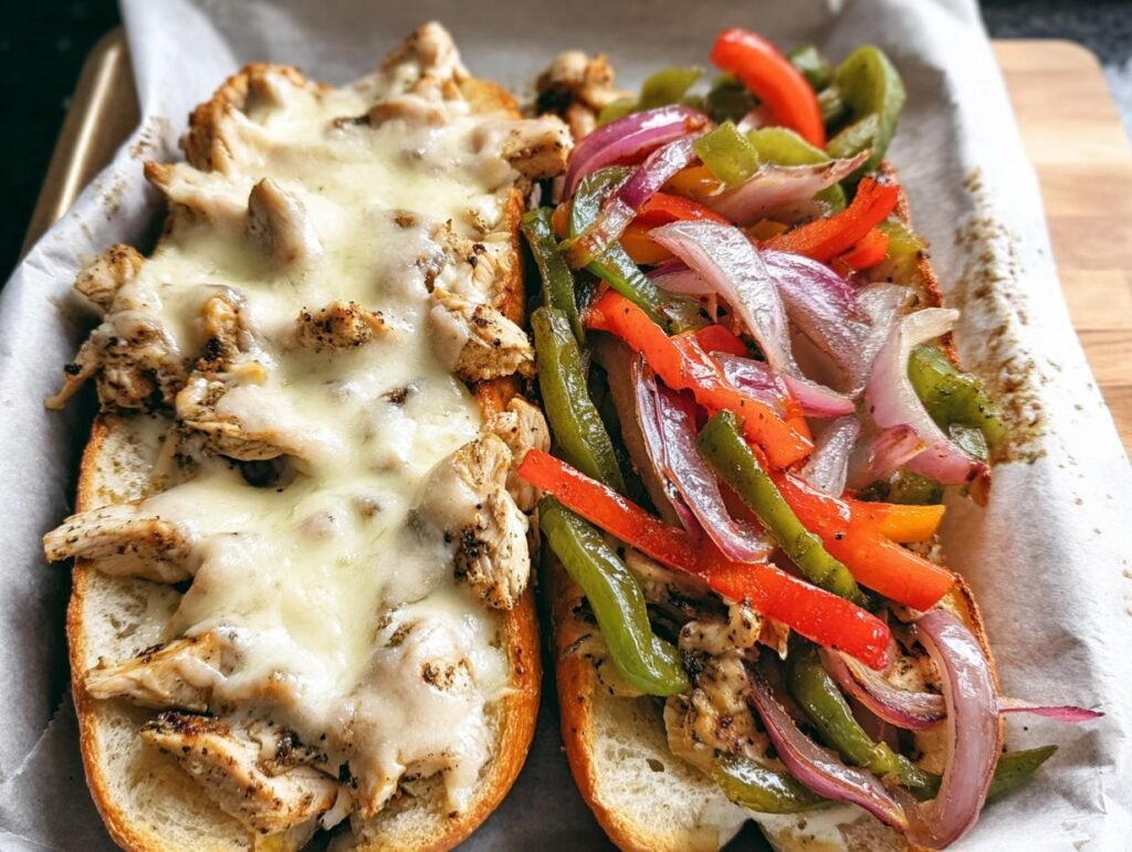 A halved chicken cheesesteak sandwich with melted cheese on one side and sautéed peppers and onions on the other, perfect for quick dinner ideas.
