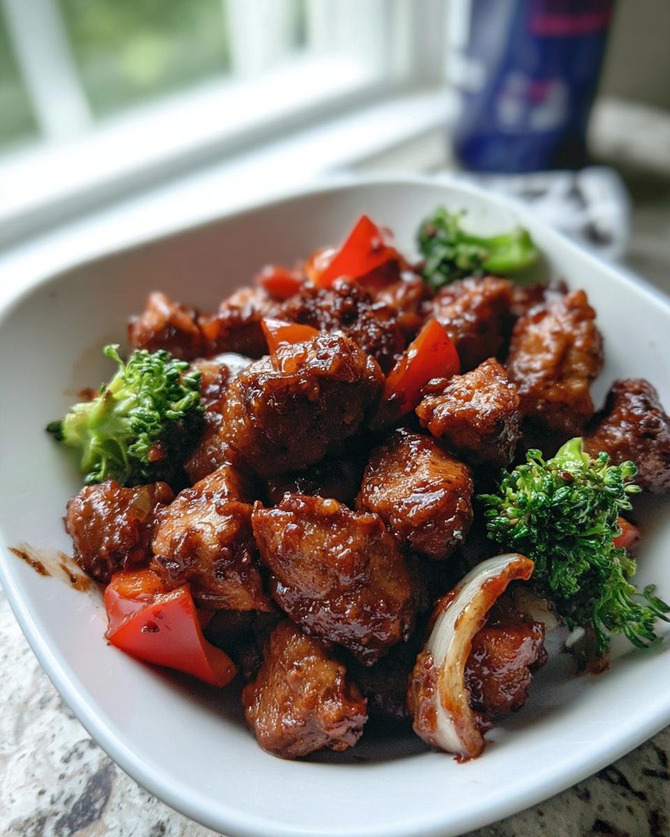 Close-up of sticky, glazed chicken pieces with broccoli and red peppers, a great option for Healthy Family Dinners That Kids Enjoy.