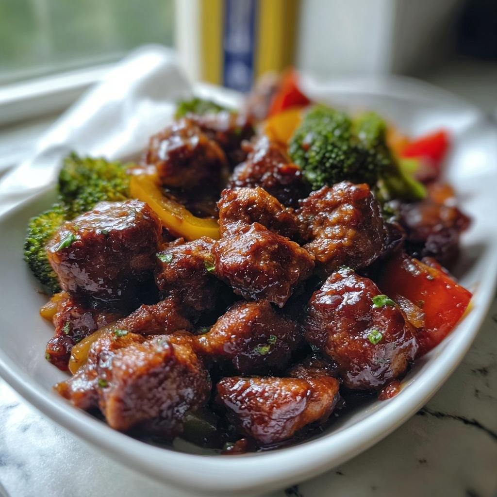 Close-up of glazed, saucy meat pieces with broccoli and bell peppers, perfect for Healthy Family Dinners That Kids Enjoy.