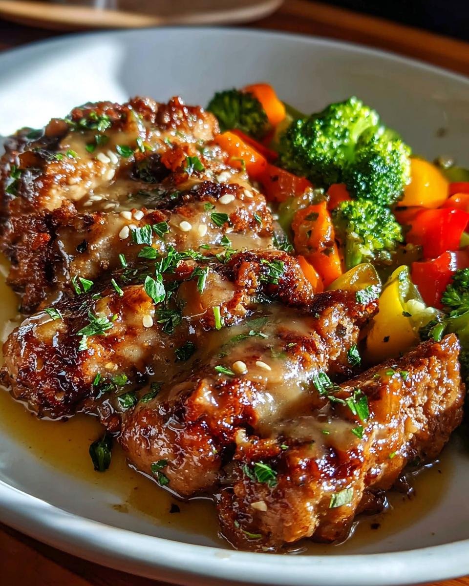 Close-up of glazed protein pieces topped with sauce and sesame seeds, served alongside bright steamed vegetables for Healthy Meals You Can Prep in Under 1 Hour.