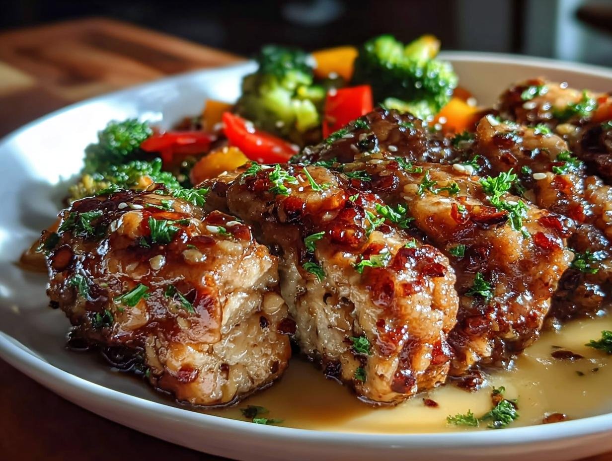 Close-up of glazed chicken pieces served with steamed broccoli and peppers, perfect for Healthy Meals You Can Prep in Under 1 Hour.