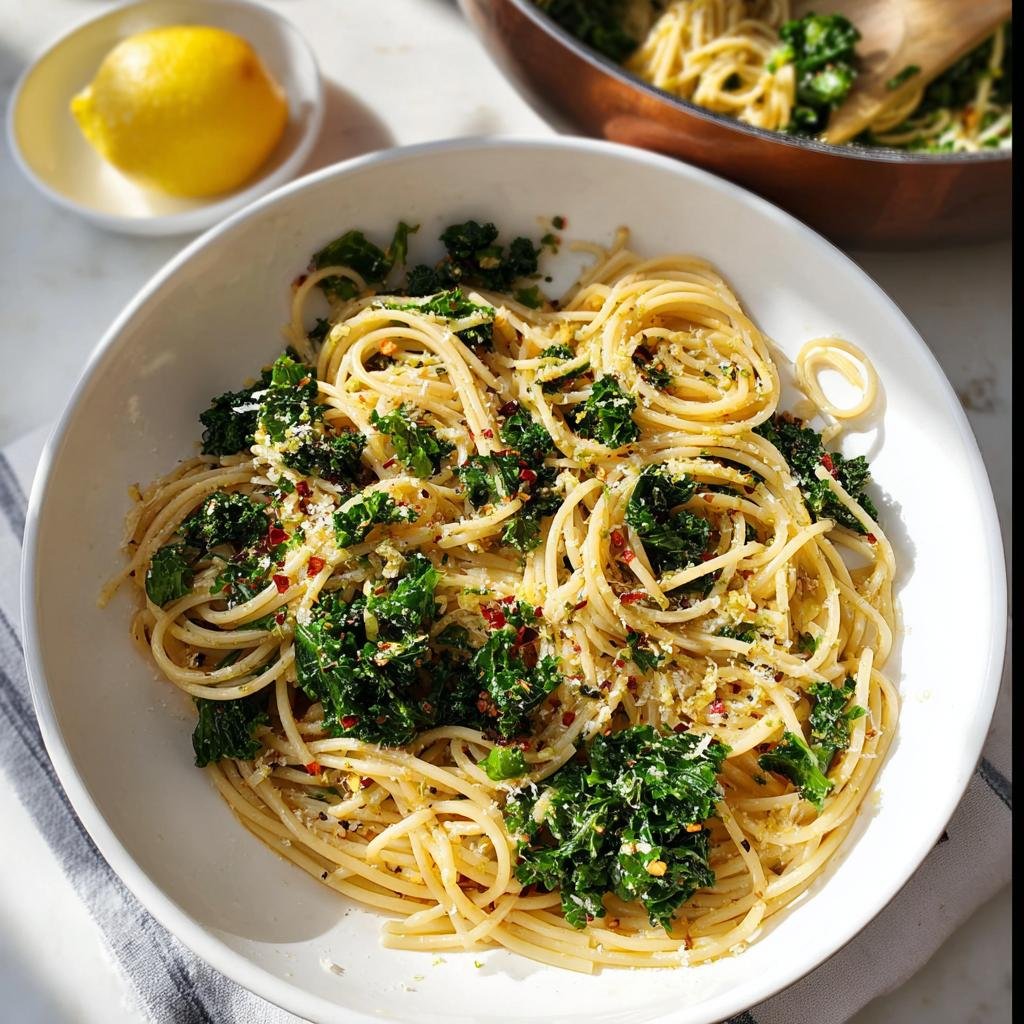 A bowl of spaghetti tossed with kale, lemon zest, cheese, and chili flakes, perfect for Easy Weeknight Dinners.