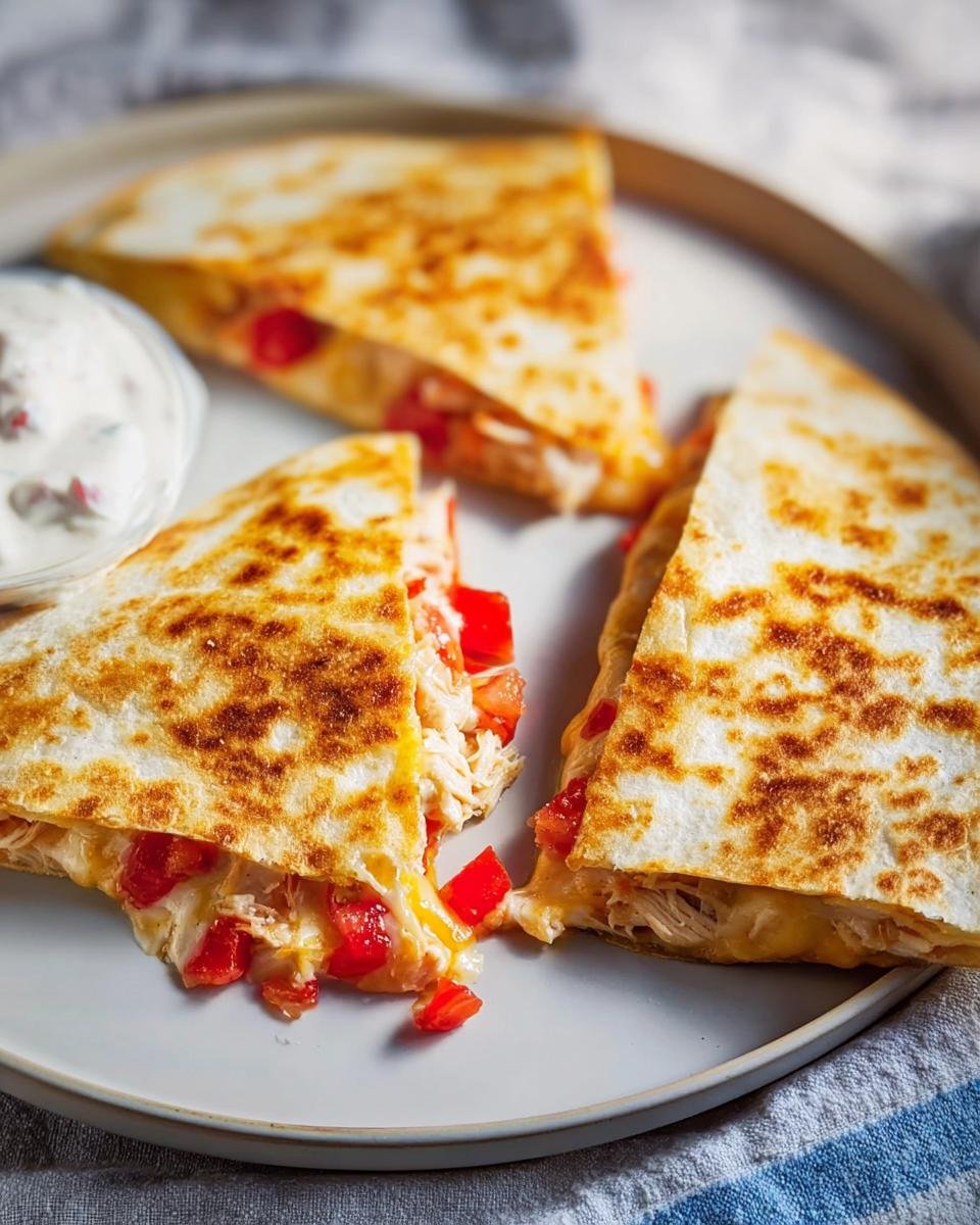 Three slices of cheesy chicken quesadilla with diced tomatoes, perfect for What To Cook For Dinner Tonight.