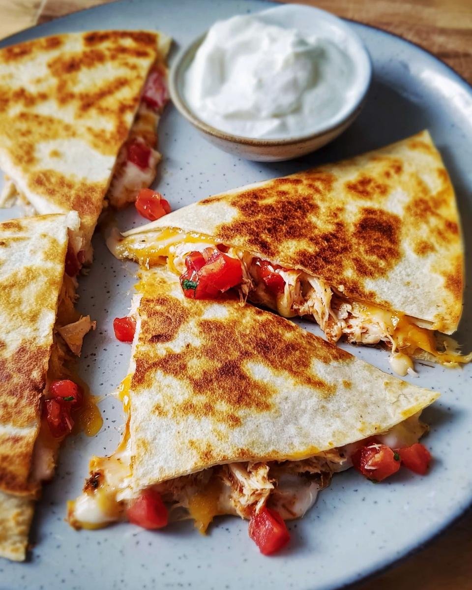 Close-up of cheesy chicken quesadilla slices served with sour cream, perfect for What To Cook For Dinner Tonight.