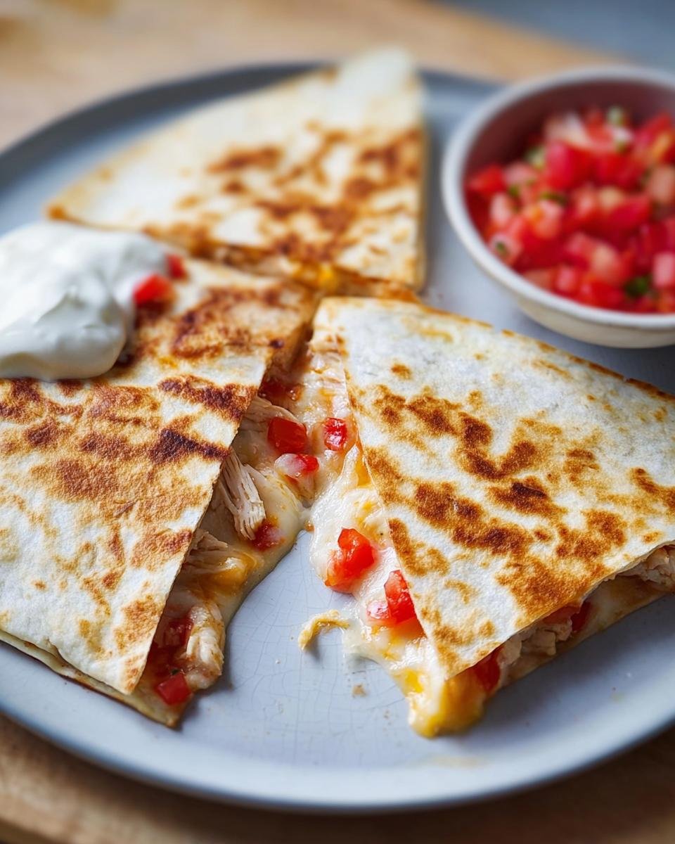 Melted chicken quesadilla slices served with sour cream and salsa, perfect for what to cook for dinner tonight.