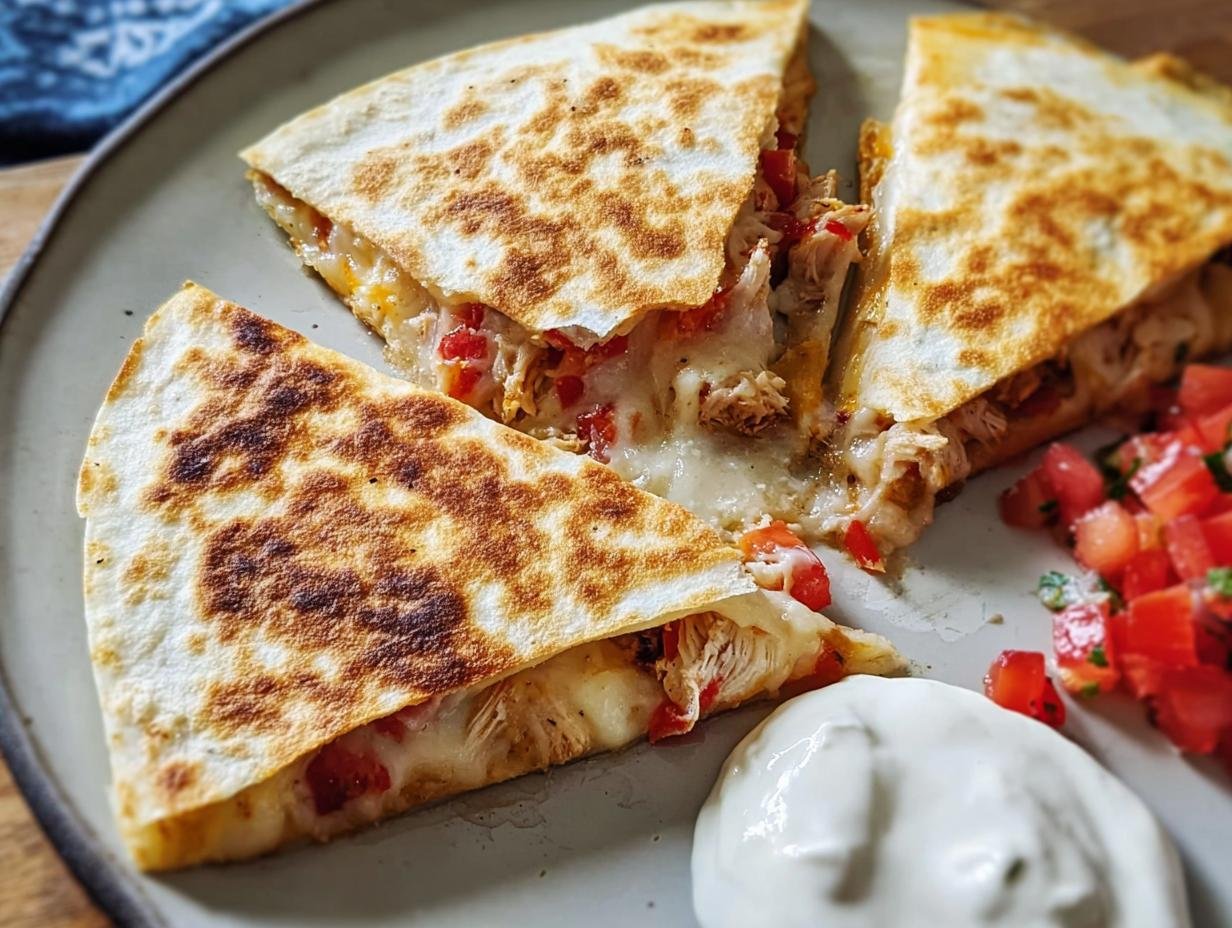 Three slices of cheesy chicken quesadilla served with salsa and sour cream, perfect for what to cook for dinner tonight.