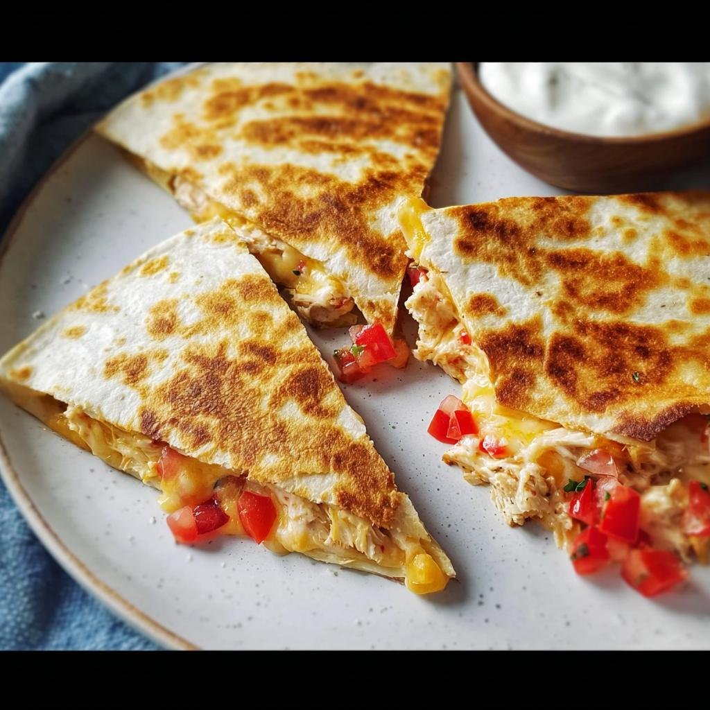 Three slices of cheesy chicken quesadillas with diced tomatoes, perfect for What To Cook For Dinner Tonight?