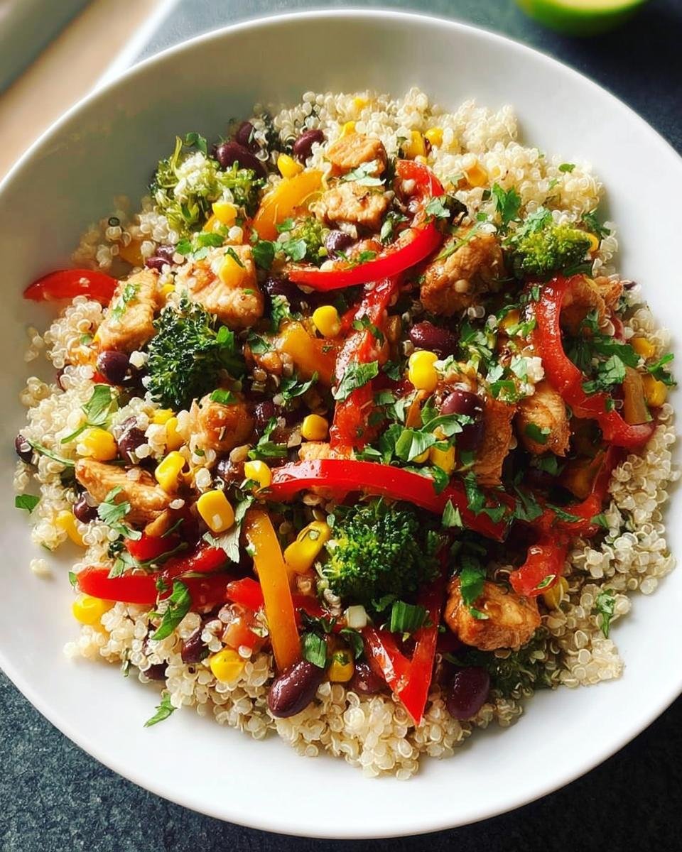 Colorful quinoa bowl with chicken, black beans, corn, peppers, and broccoli, perfect for Quick Healthy Meals for Weight Balance.
