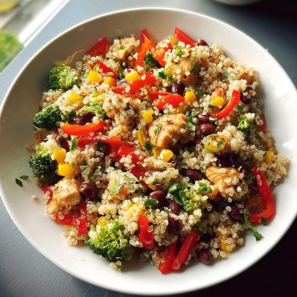 A bowl of quinoa mixed with chicken, black beans, broccoli, and colorful bell peppers, perfect for Quick Healthy Meals for Weight Balance.