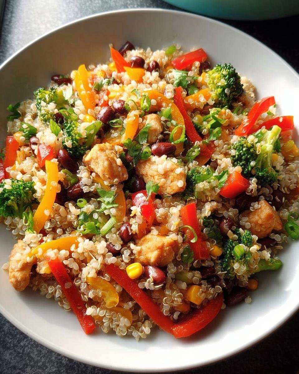 A vibrant bowl of quinoa mixed with chicken, broccoli, bell peppers, and beans, perfect for Quick Healthy Meals for Weight Balance.