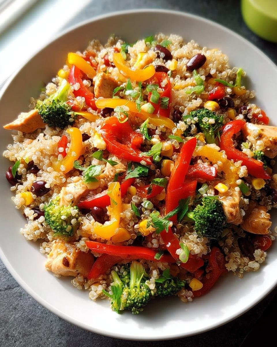 Colorful quinoa salad with chicken, bell peppers, broccoli, and beans, perfect for Quick Healthy Meals for Weight Balance.
