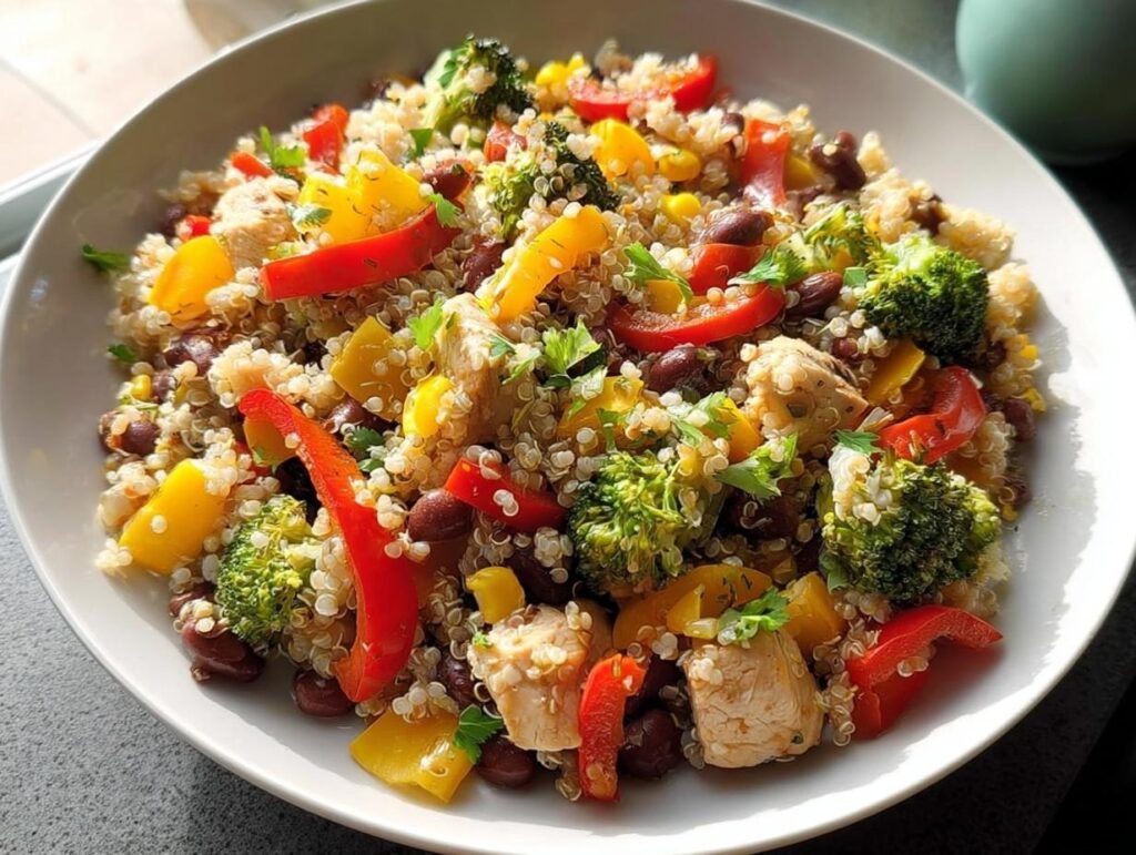 Colorful quinoa salad with chicken, broccoli, bell peppers, and beans, perfect for Quick Healthy Meals for Weight Balance.