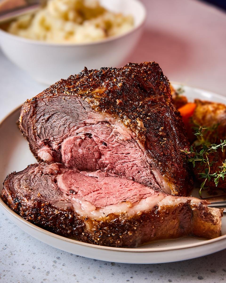 Thick slice of medium-rare Restaurant-Quality Prime Rib at Home with a dark, seasoned crust, served with sides.
