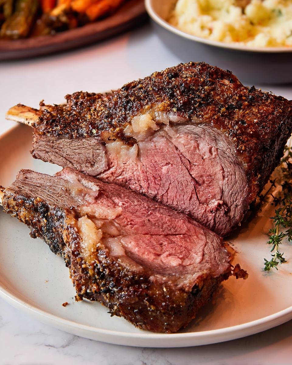 Close-up of perfectly cooked Restaurant-Quality Prime Rib at Home, showing a medium-rare center and seasoned crust.