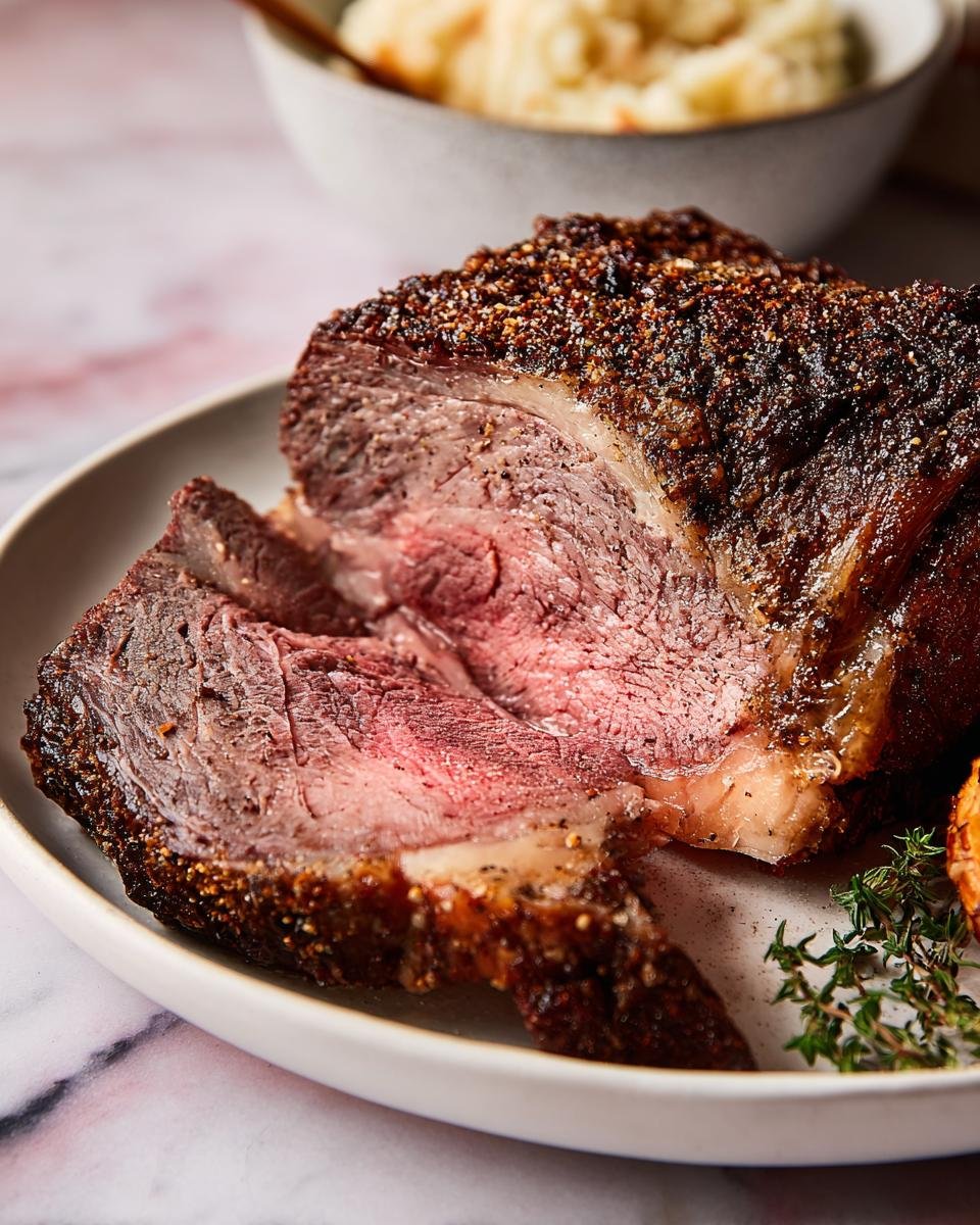 Close-up of a perfectly cooked slice of Restaurant-Quality Prime Rib at Home showing a dark crust and medium-rare interior.