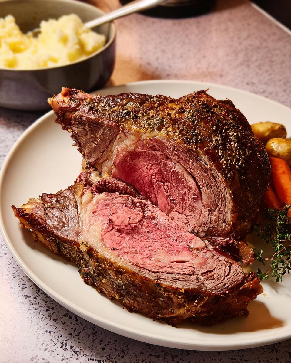 Cross-section of a perfectly cooked Restaurant-Quality Prime Rib at Home showing a medium-rare pink center.