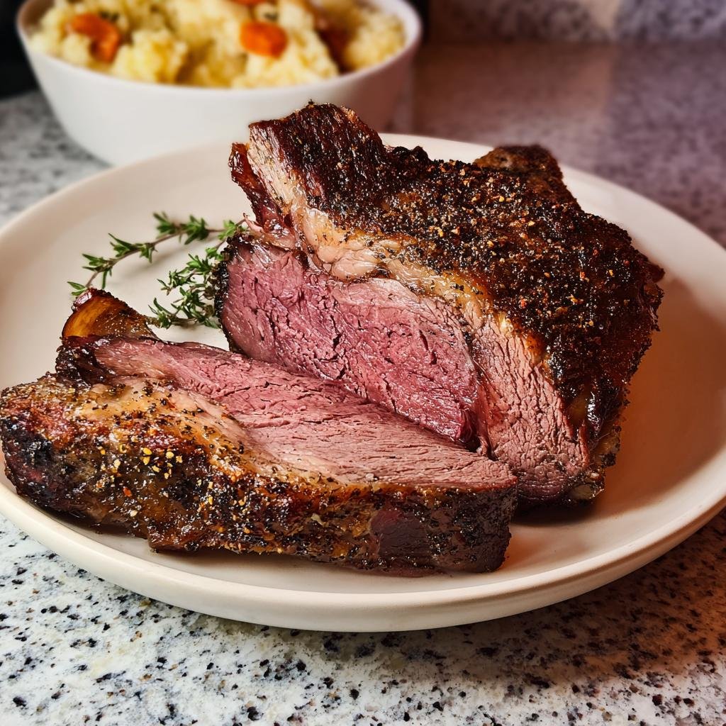 Two thick slices of medium-rare Restaurant-Quality Prime Rib at Home with a dark, seasoned crust, garnished with thyme.