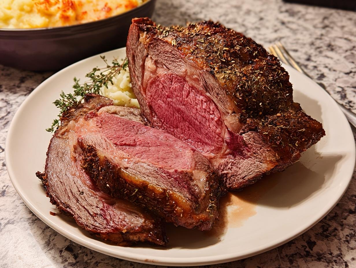 Thick slices of perfectly cooked Restaurant-Quality Prime Rib at Home, medium-rare, with a seasoned crust.