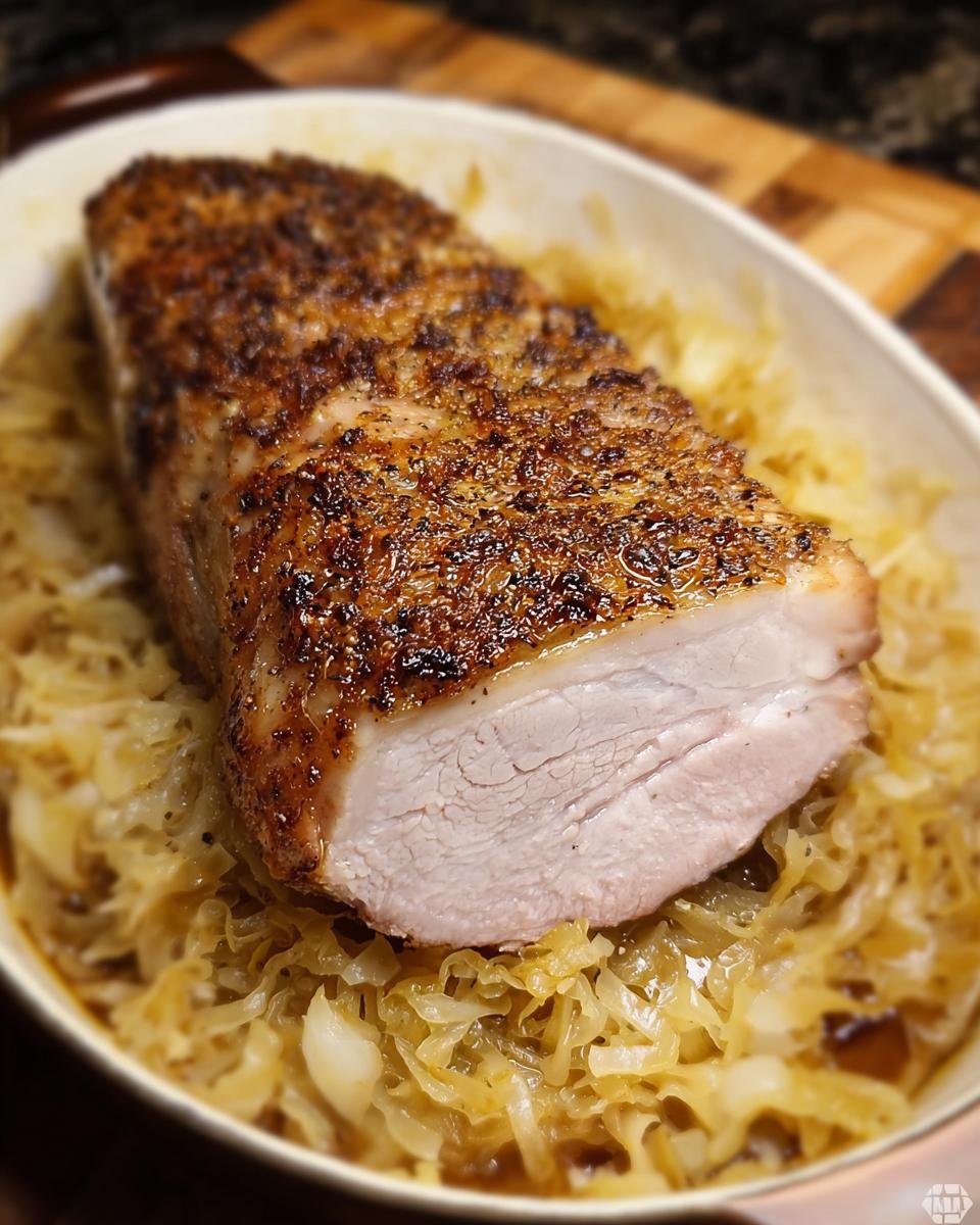 A perfectly roasted pork loin with a seasoned crust resting on a bed of braised sauerkraut, ideal for New Year's Eve Recipes.