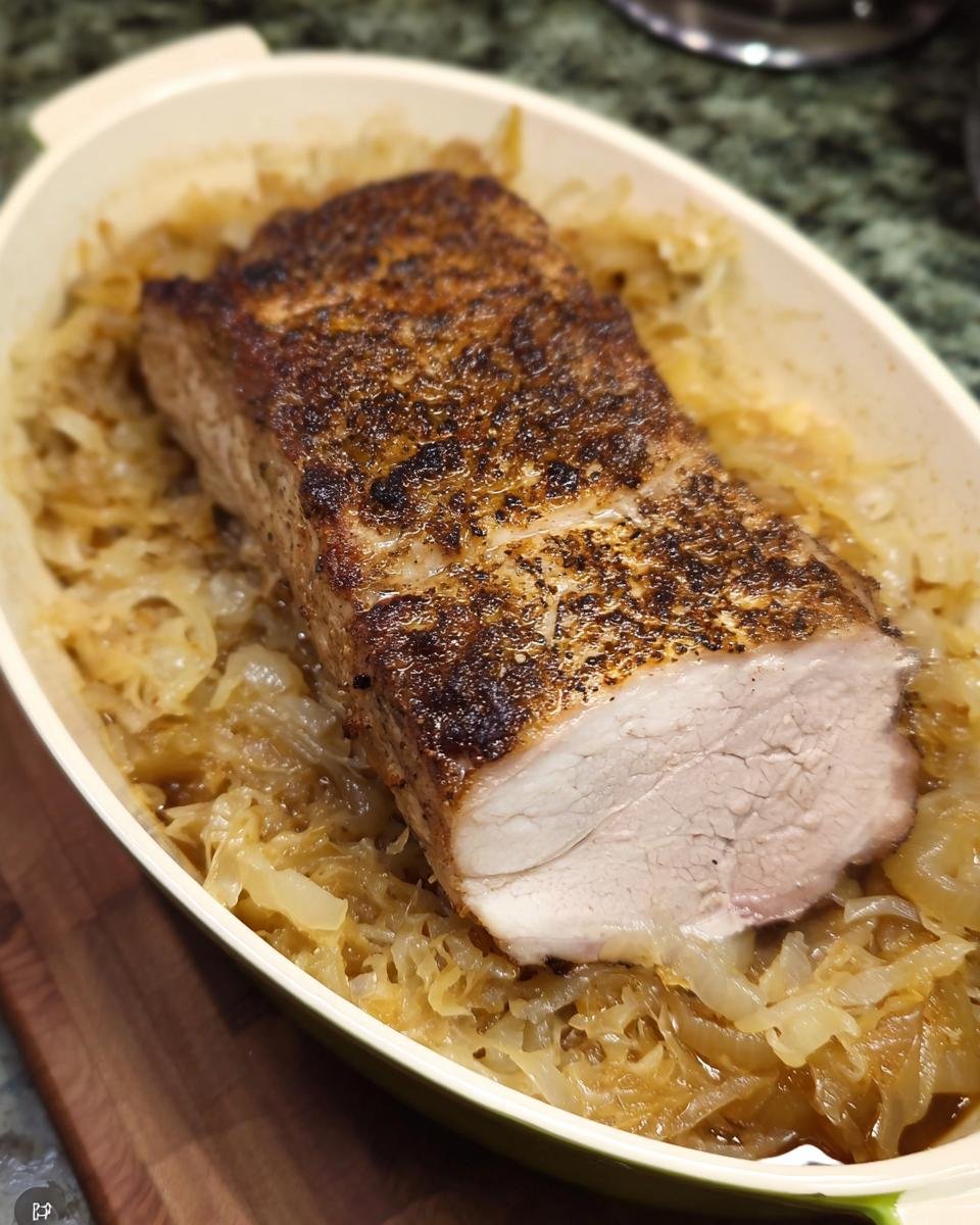 A beautifully roasted pork loin with a seasoned crust resting on a bed of braised sauerkraut, perfect for New Year's Eve Recipes.