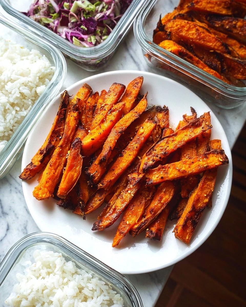 A plate of seasoned, roasted sweet potato fries surrounded by glass containers of rice and slaw for Easy Meal Prep Recipes.