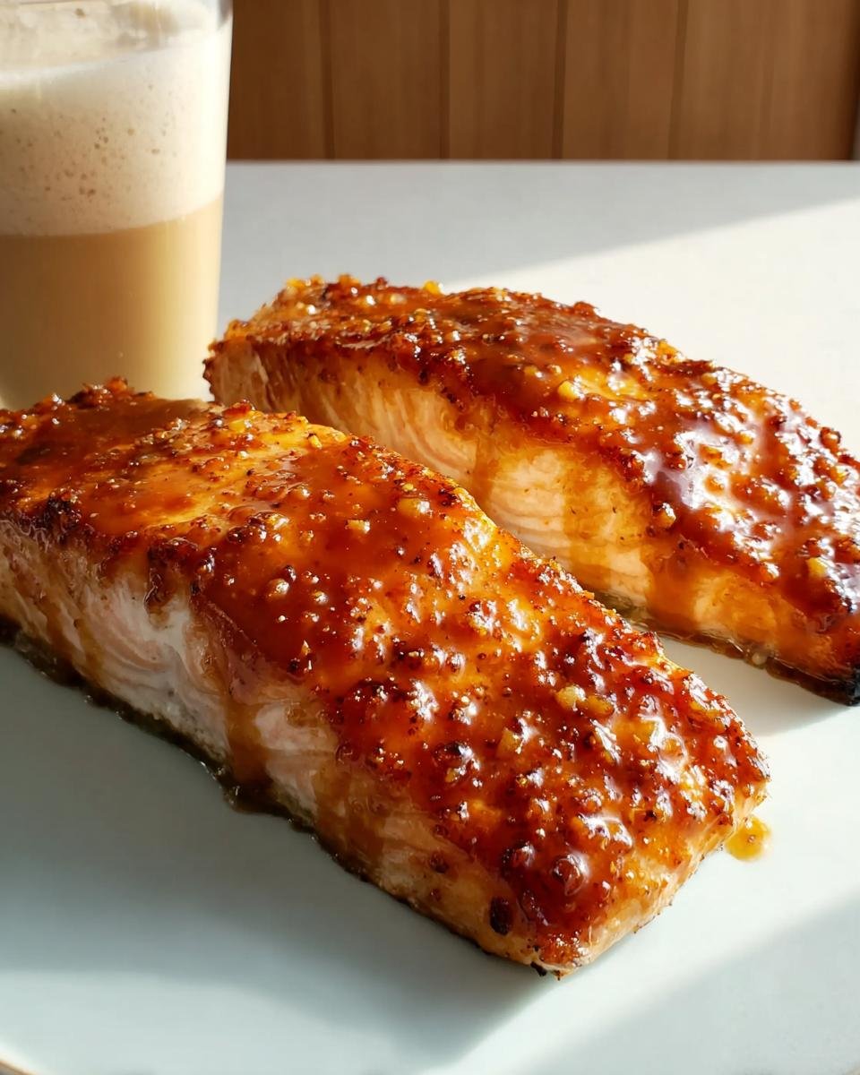 Two pieces of glazed salmon next to a tall glass of iced coffee, unrelated to Dorm-Friendly Starbucks Drinks.