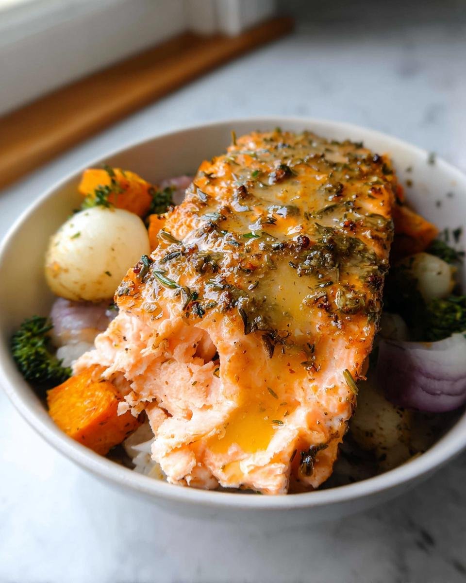 Close-up of a flaky salmon fillet with herb glaze served over rice and roasted vegetables in a white bowl, illustrating Balanced Meals with Veggies, Protein & Flavor.