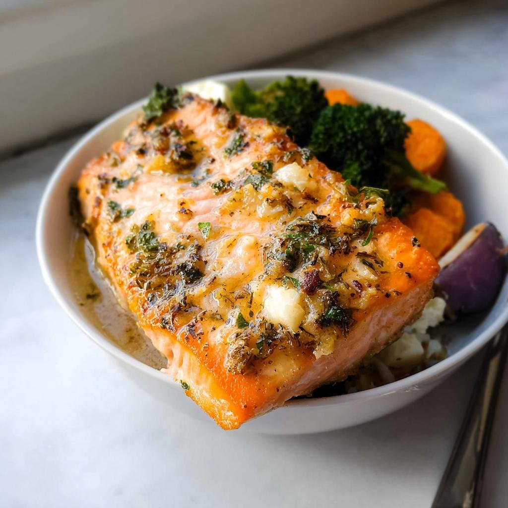 Close-up of a perfectly cooked salmon fillet with garlic and herbs, served alongside broccoli and sweet potatoes for balanced meals with veggies.