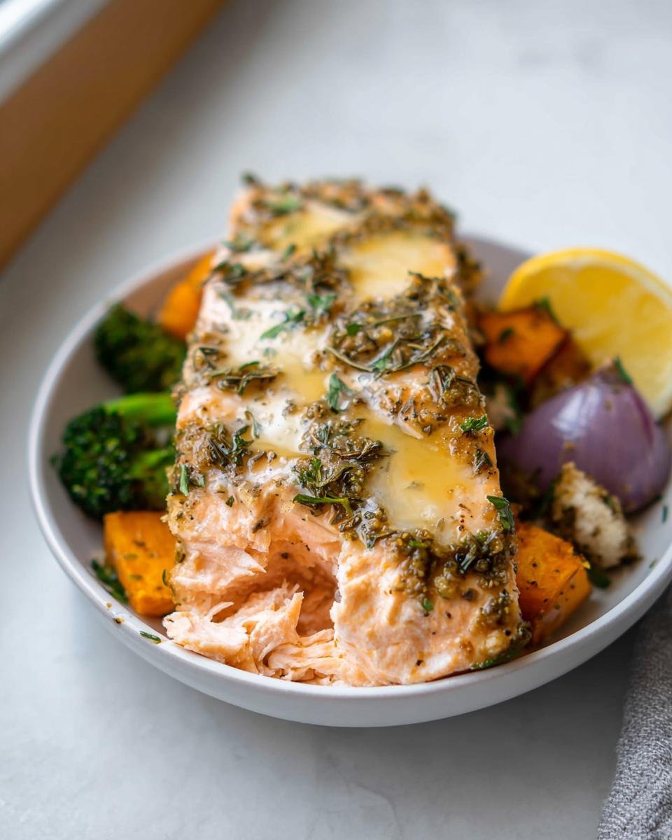 Flaky salmon fillet topped with herbs and butter served with roasted veggies for balanced meals with veggies, protein & flavor.