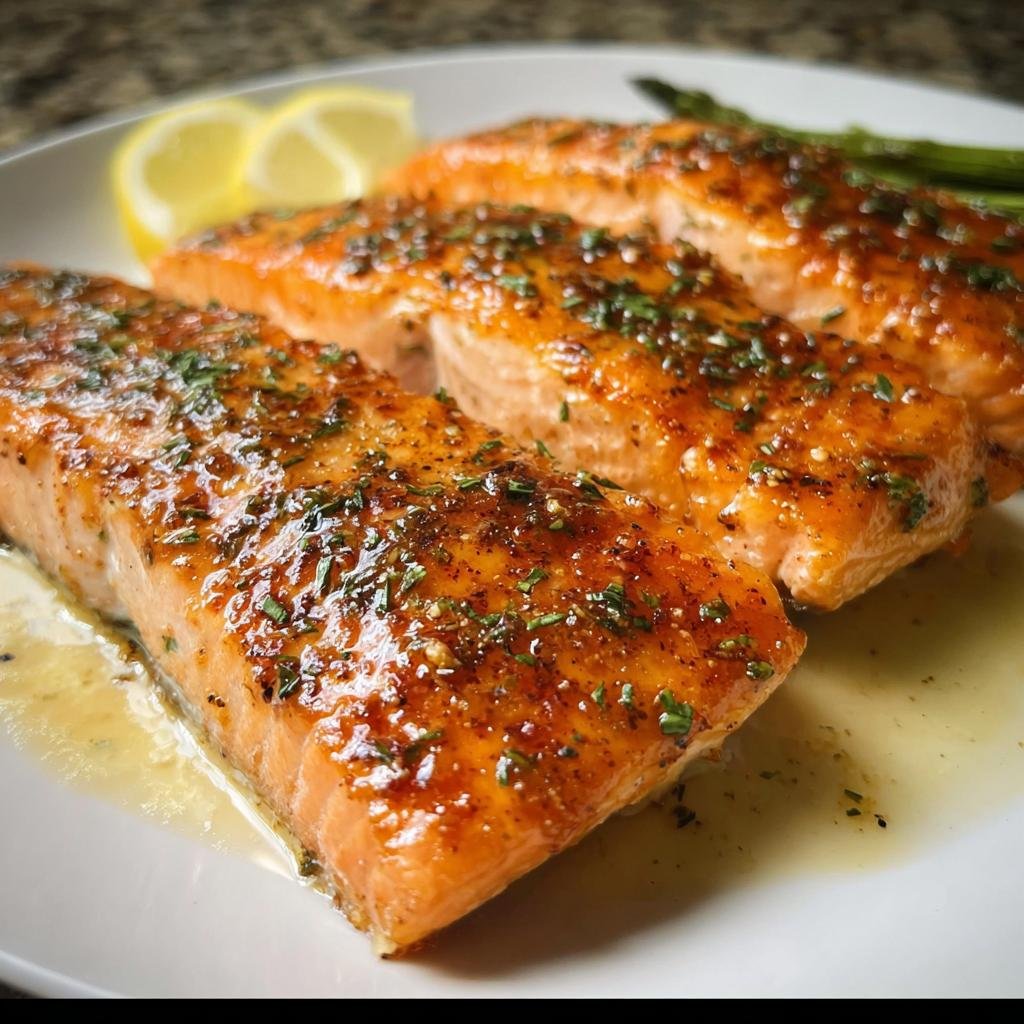 Three perfectly cooked salmon fillets glazed with garlic lemon butter sauce and sprinkled with herbs.