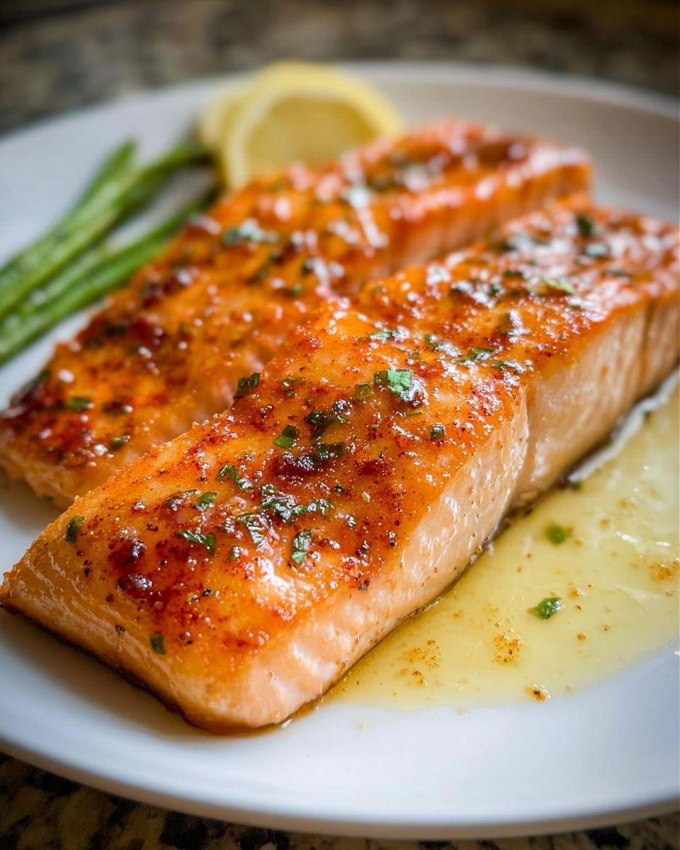Two perfectly cooked fillets of salmon covered in garlic lemon butter sauce, served with asparagus and lemon slices.
