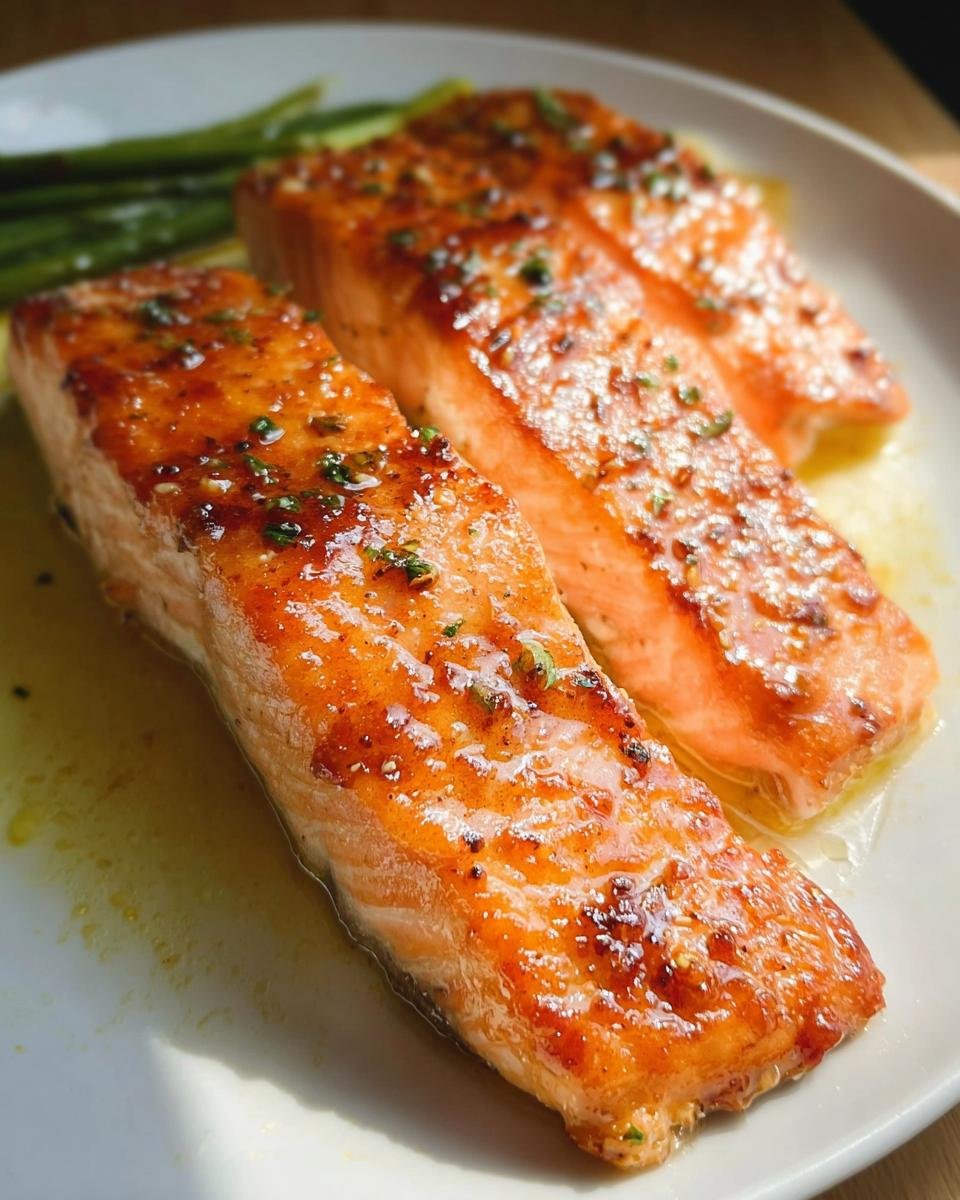 Close-up of perfectly cooked salmon fillets glazed with garlic lemon butter sauce, served with asparagus.