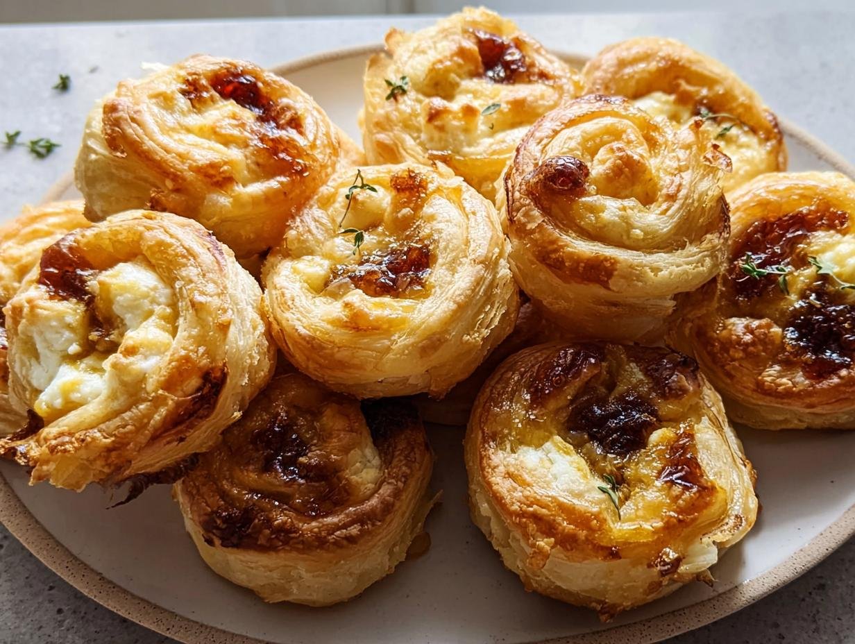 A pile of golden, flaky puff pastry pinwheels filled with cheese and caramelized onion, perfect for New Year's Eve Party Eats.