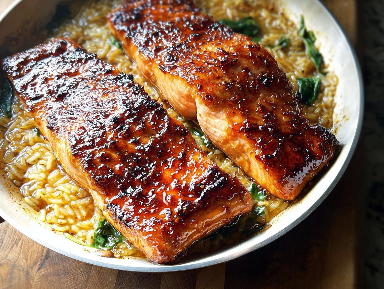 Two perfectly seared salmon fillets with a glossy glaze resting on a bed of lemon orzo and spinach.