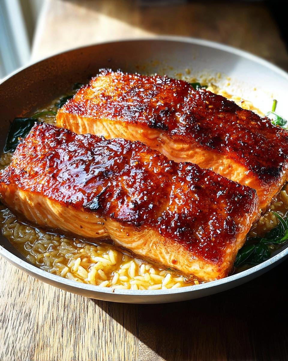 Two pieces of perfectly seared salmon with a glossy glaze resting on lemon orzo pasta.