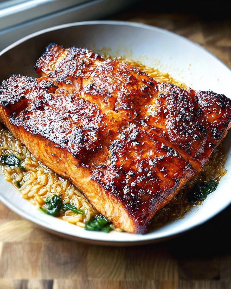 Close-up of a beautifully glazed, seared salmon fillet resting on a bed of lemon orzo pasta with wilted spinach.