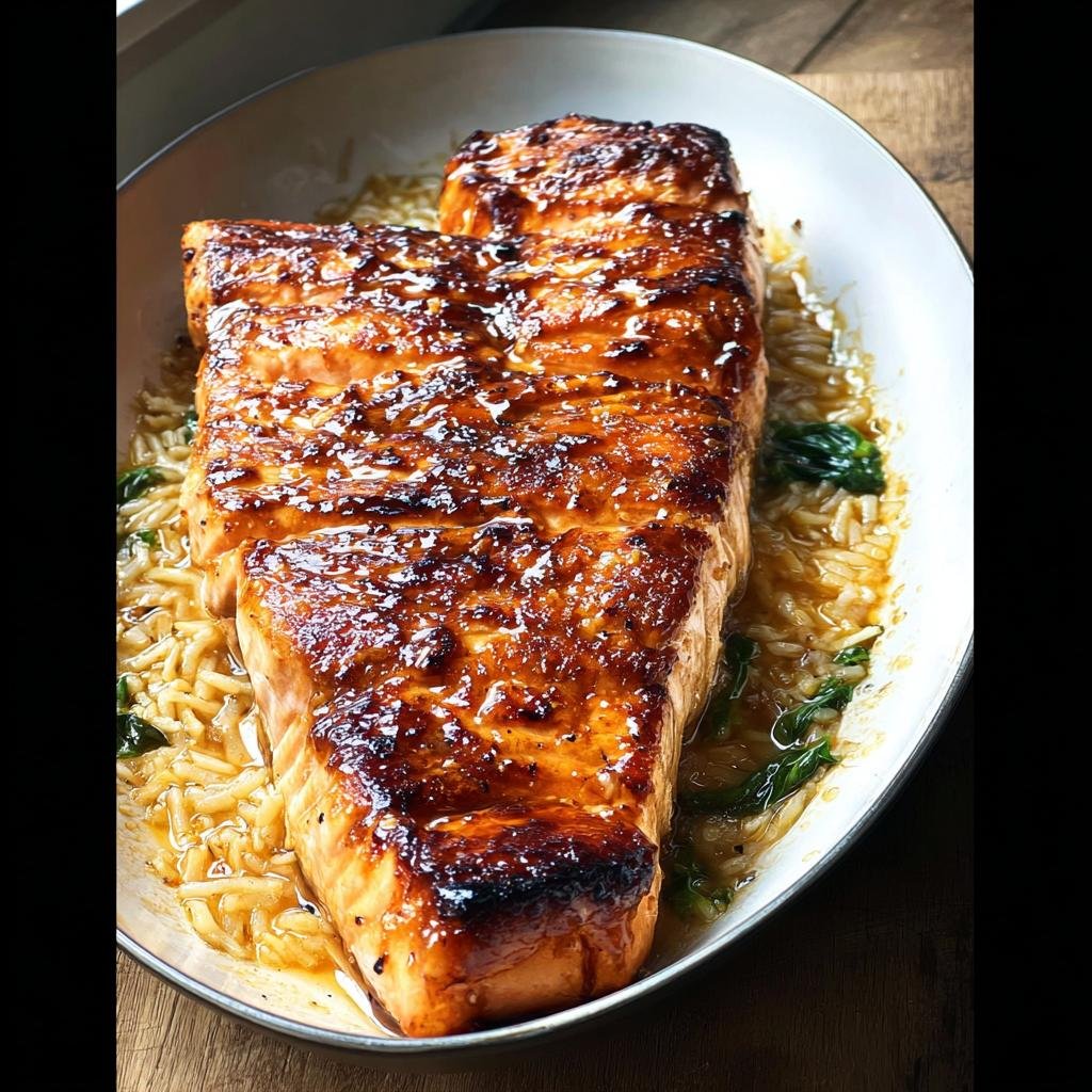 Close-up of perfectly seared salmon with a shiny glaze resting on a bed of lemon orzo pasta.