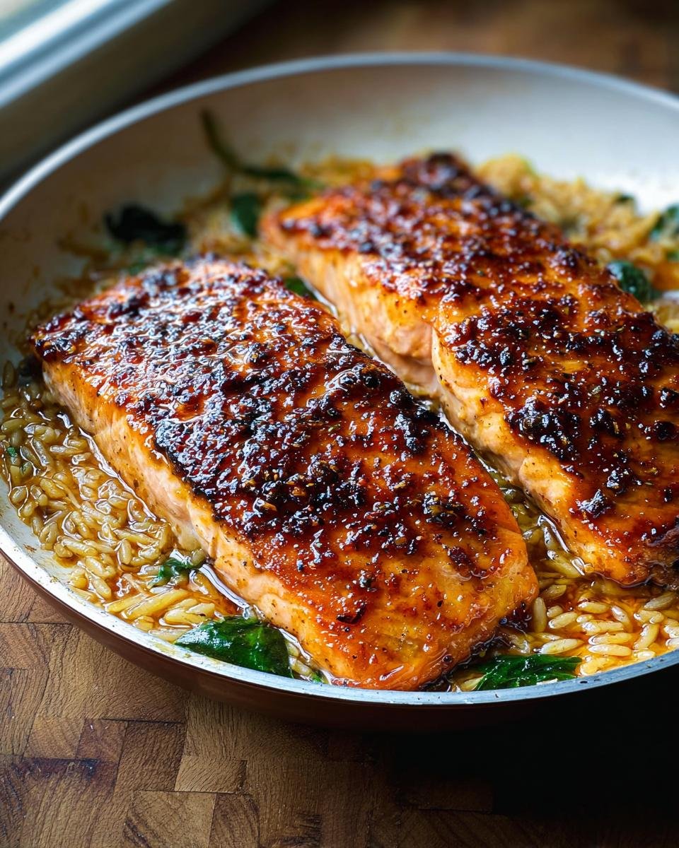 Two glazed, seared salmon fillets resting on lemon orzo and spinach in a skillet.