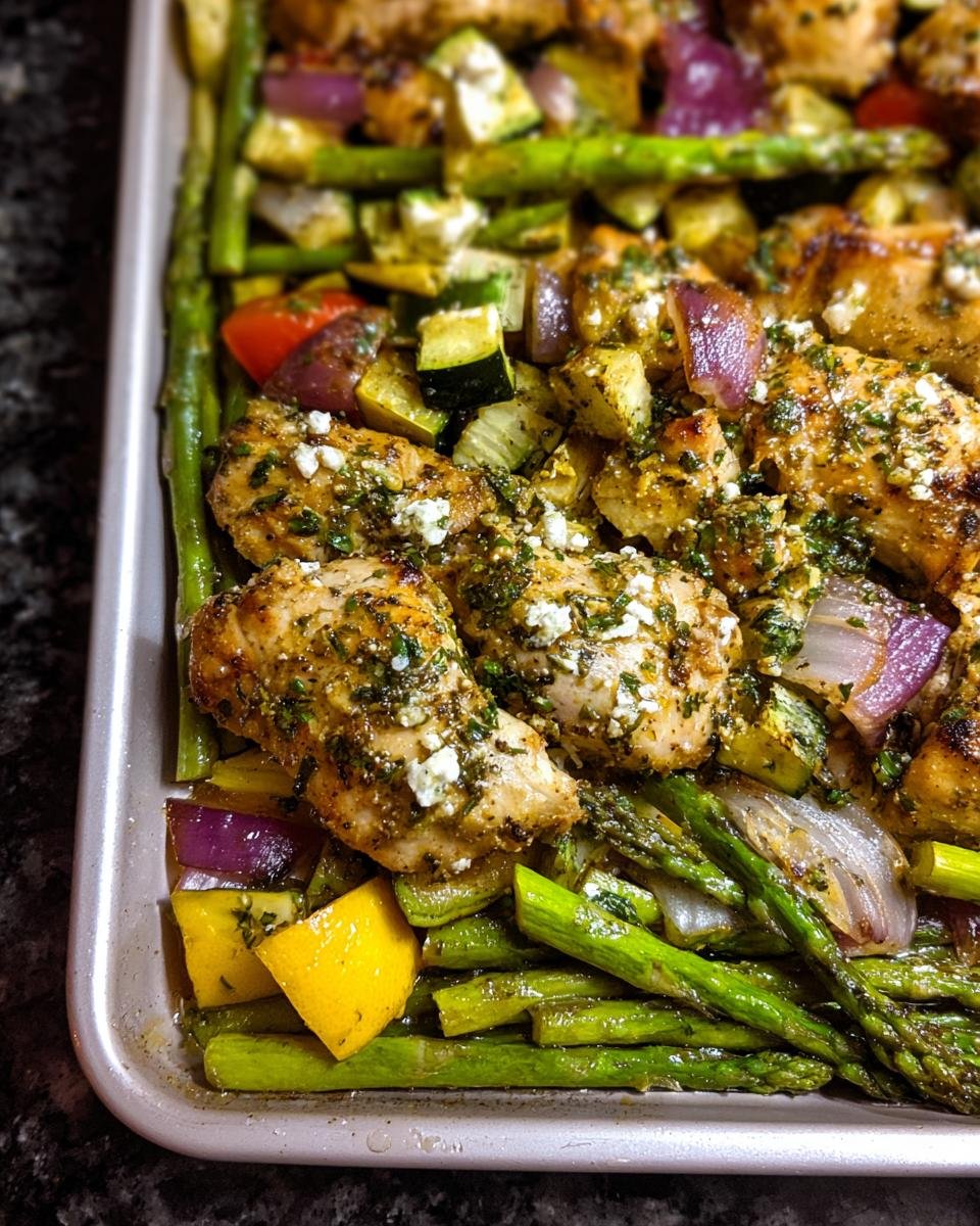 Close-up of sheet pan chicken breasts with asparagus, zucchini, and red onion, perfect for Easy Healthy Meal Prep.