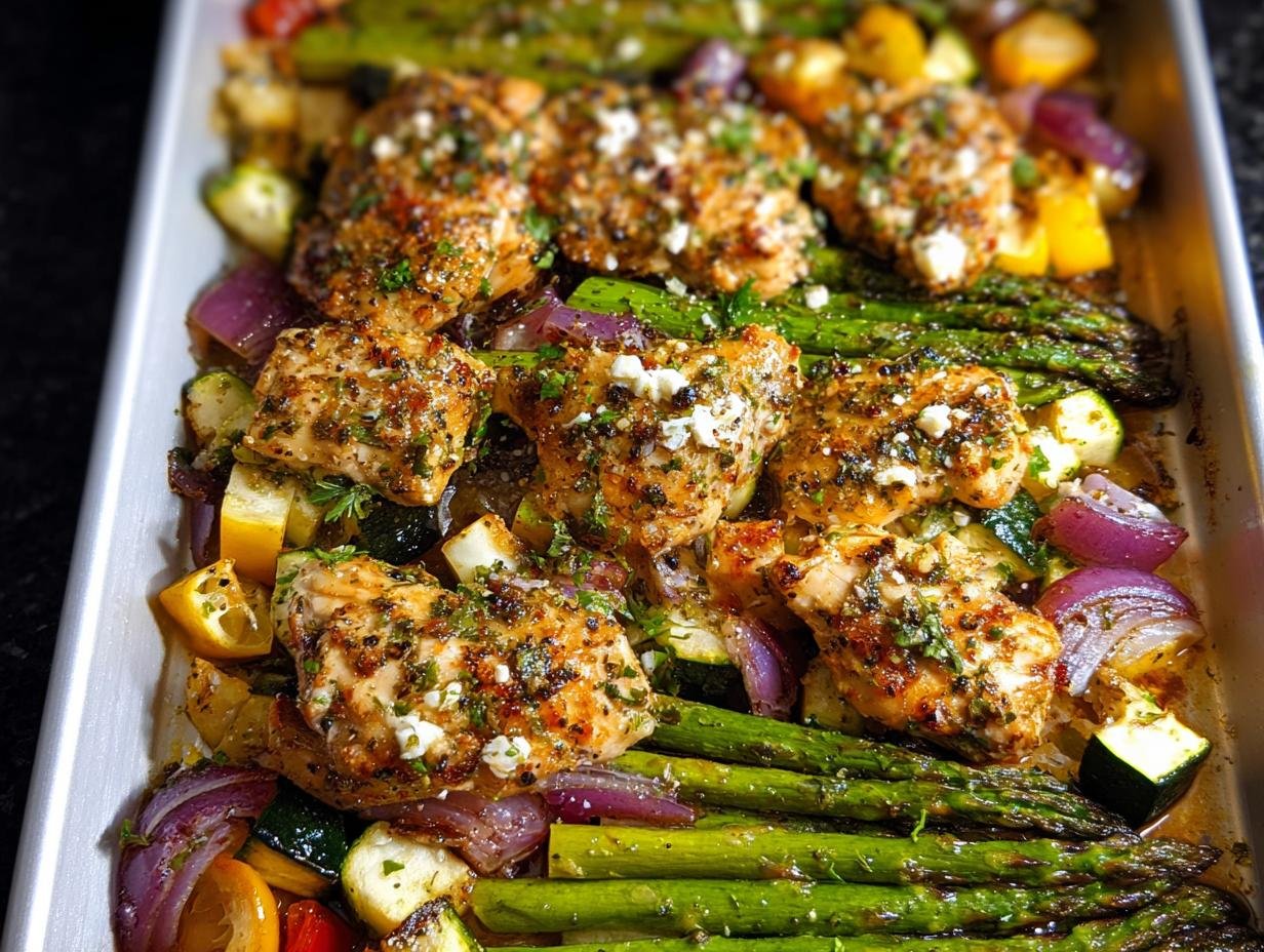 Sheet pan of seasoned chicken thighs with roasted asparagus, zucchini, and red onion for Easy Healthy Meal Prep.