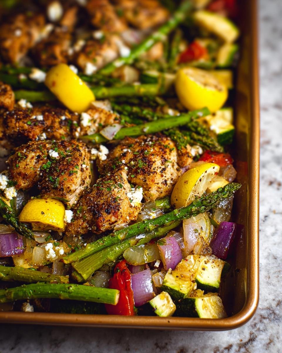 Close-up of seasoned chicken pieces with asparagus, red onion, and lemon on a sheet pan for Easy Healthy Meal Prep.