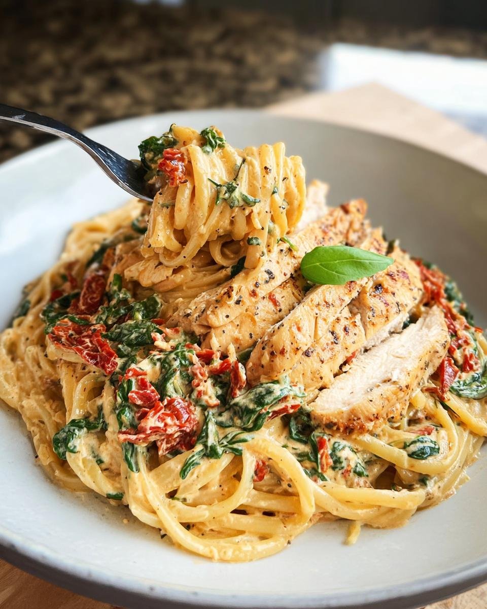 A fork lifting creamy pasta, chicken, spinach, and sun-dried tomatoes from a bowl of Showstopper Chicken and Pasta Delight.