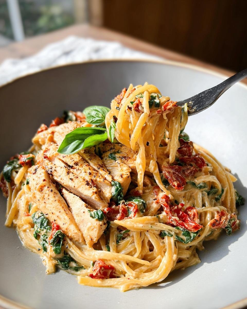 A fork lifting creamy pasta with sliced chicken, spinach, and sun-dried tomatoes from a bowl of Showstopper Chicken and Pasta Delight.