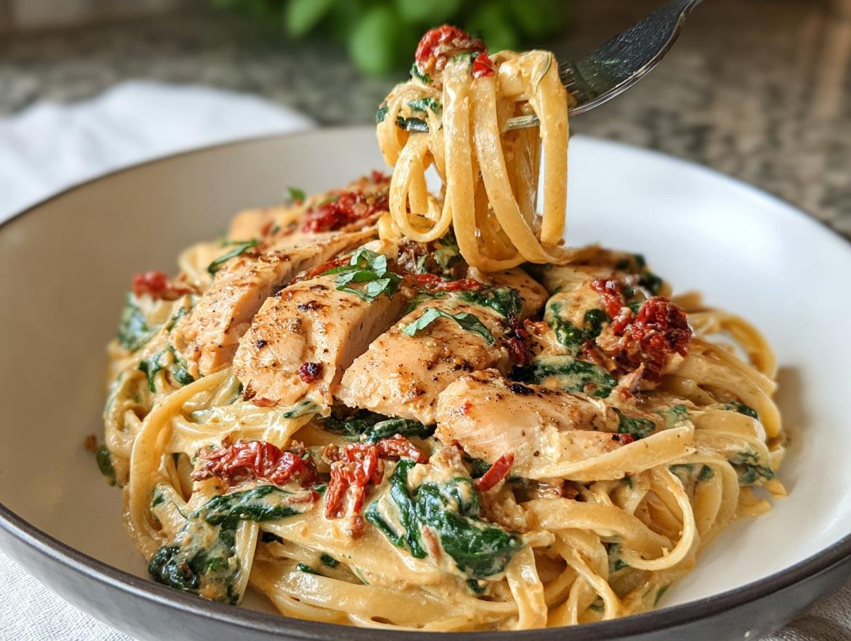 A fork lifts fettuccine pasta from a bowl of Showstopper Chicken and Pasta Delight with creamy sauce, spinach, and sun-dried tomatoes.