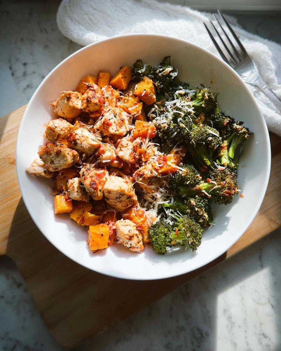 A white bowl containing Simple Healthy Meals with everyday ingredients: diced chicken, roasted sweet potatoes, and roasted broccoli topped with grated cheese.