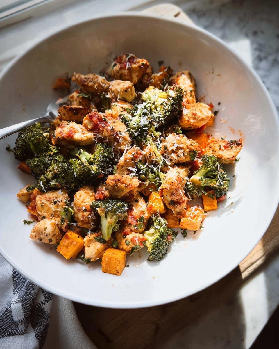 A bowl containing Simple Healthy Meals with Everyday Ingredients: seasoned chicken, roasted broccoli, and sweet potato cubes topped with cheese.
