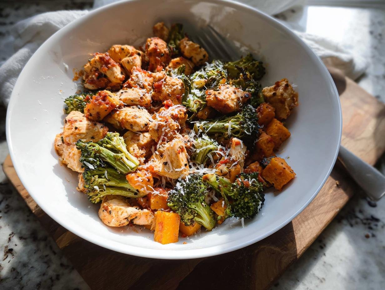 A white bowl filled with chunks of seasoned chicken, roasted broccoli, and sweet potato cubes, sprinkled with cheese, representing Simple Healthy Meals with Everyday Ingredients.