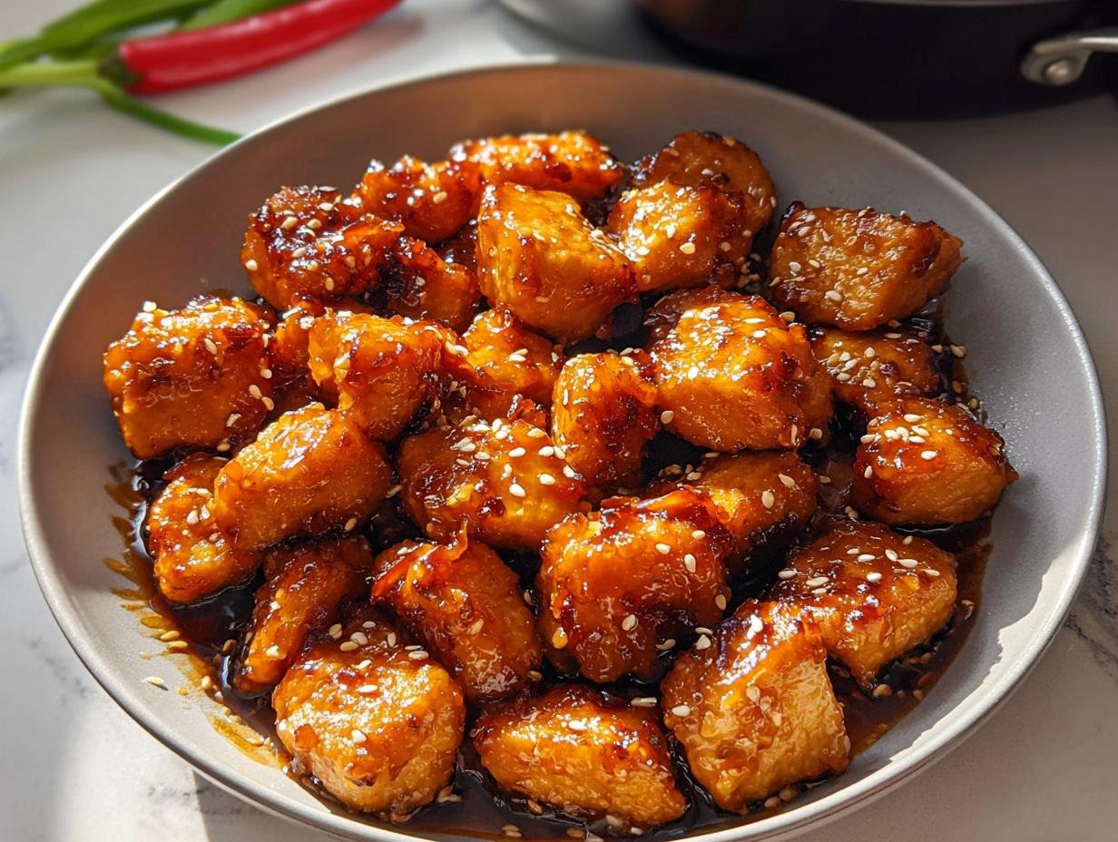 Close-up of golden brown Simple Honey Garlic Chicken Bites coated in a sticky sauce and sprinkled with sesame seeds.