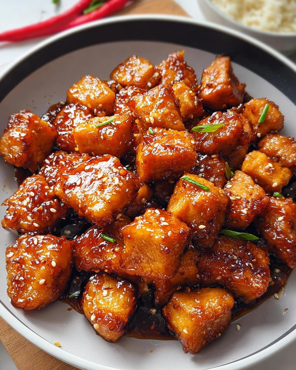 Close-up of glossy, saucy Simple Honey Garlic Chicken Bites garnished with sesame seeds.