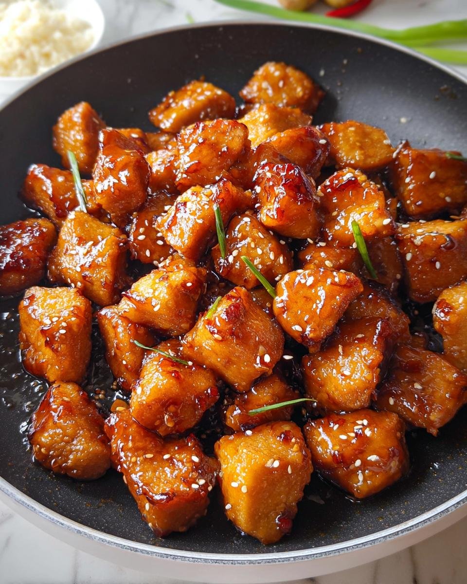 Close-up of glossy Simple Honey Garlic Chicken Bites coated in sauce and sprinkled with sesame seeds.
